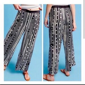 Anthropologie Elevenses Black & White Print Satin Wide Leg Pant Sz M